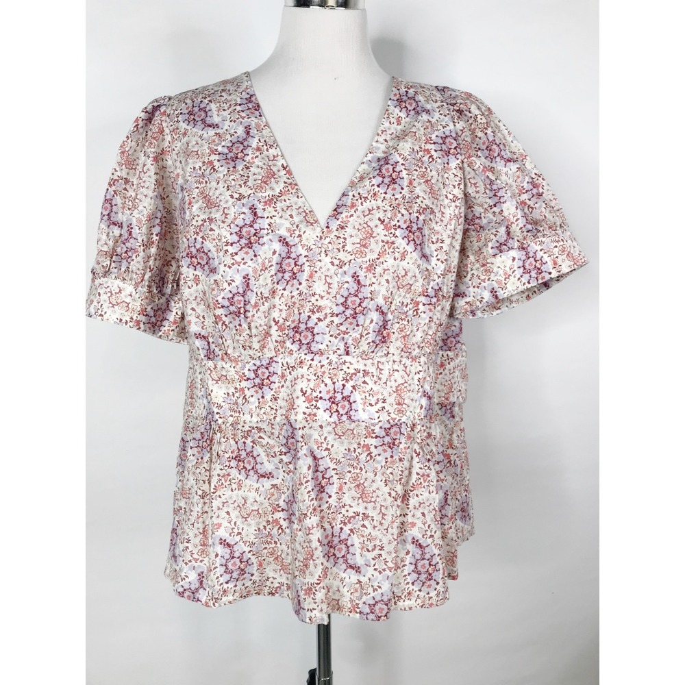 J Crew Collection Top Womens 20 Red Blue Floral Puff Sleeve Tie Back Peasant